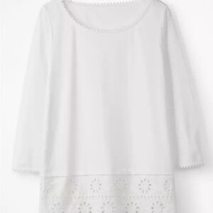 Boden White 3/4 sleeve Pom-Pom & Broderie Trim Top